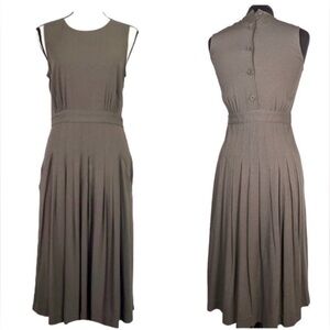 Theory Cassii Button Back Pleated Midi Dress 8 Olive Green Work Office Preppy